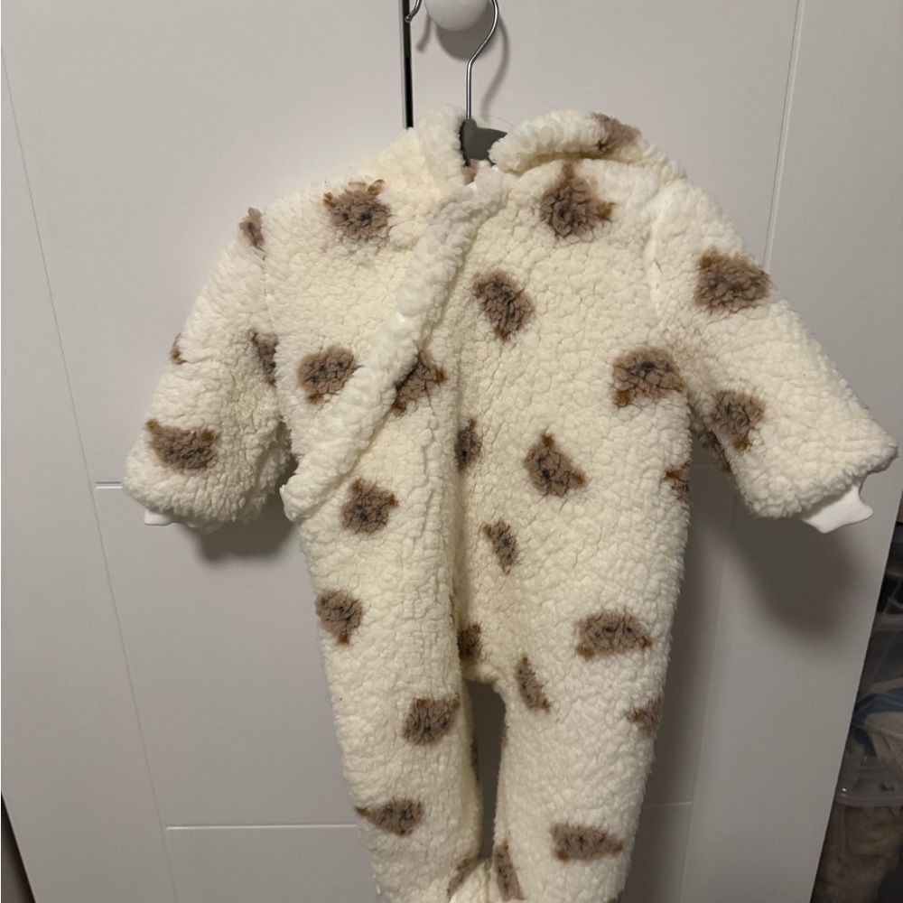 Cream and Brown Bodysuit with Plush Material and Animal Pattern